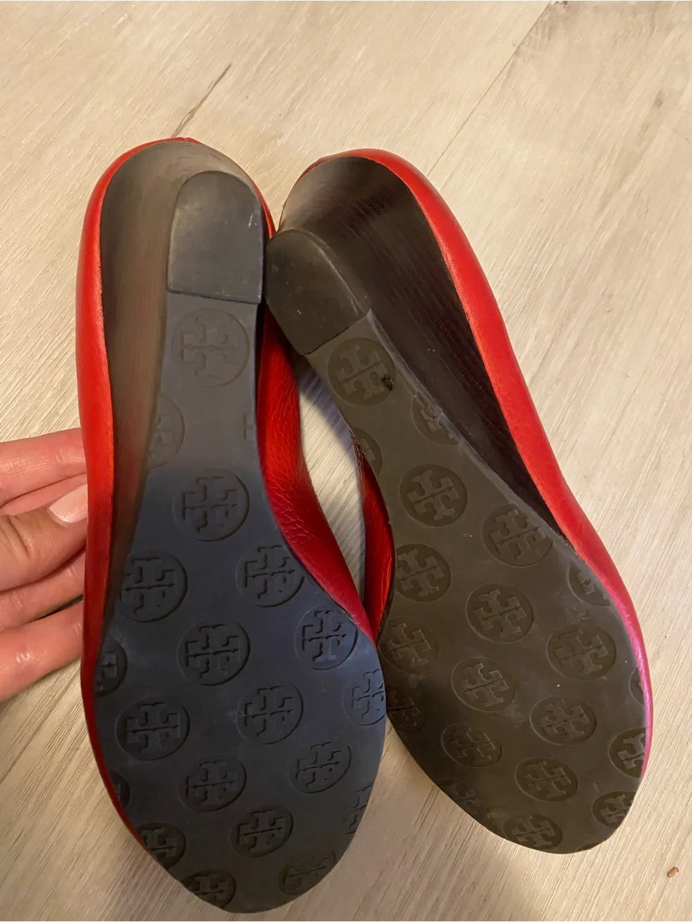 Tory Burch Red Pebbled Leather Sally Peep-Toe Wedge Pumps - Size 9